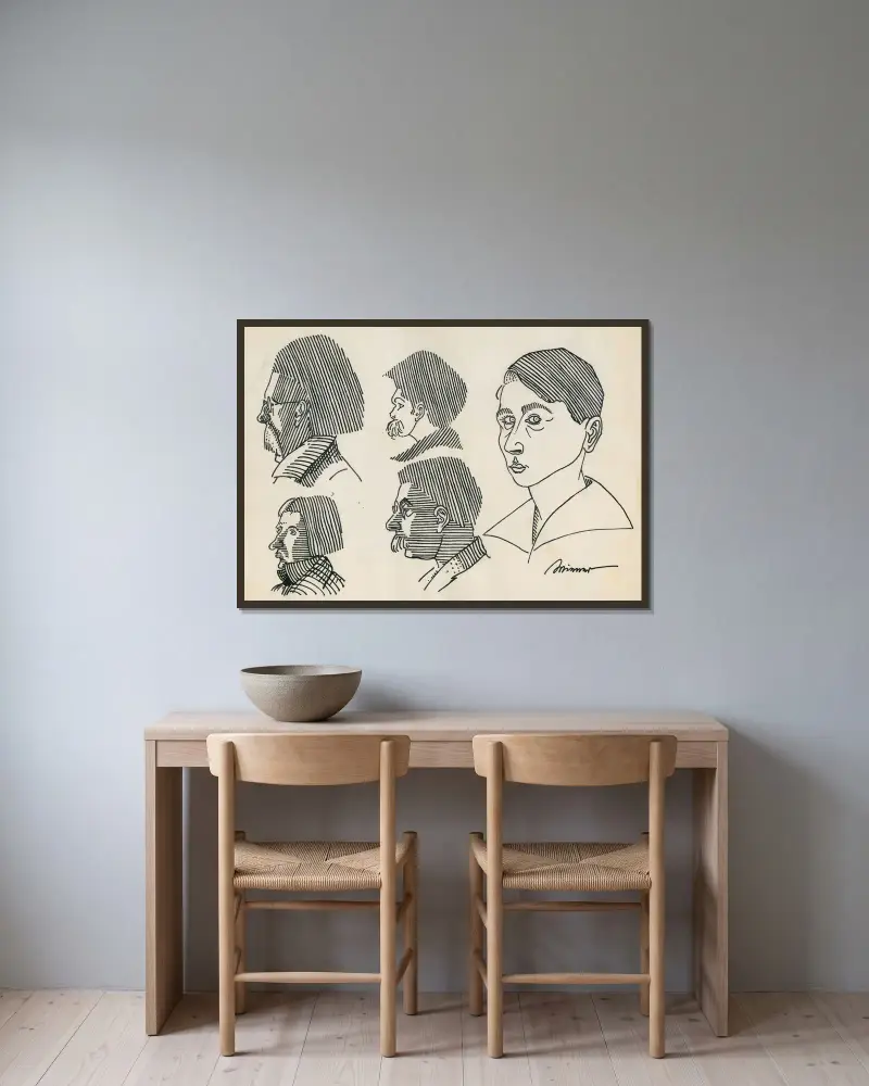 Ohne Titel (5 Porträts) av Karl Wiener inramad på en vägg