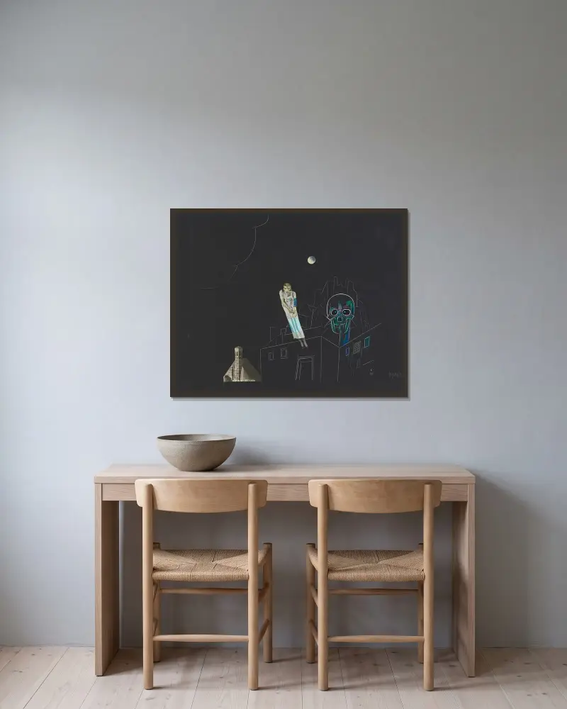 Utan titel (Collage, kvinna, måne och dödskalle) av Karl Wiener inramad på en vägg