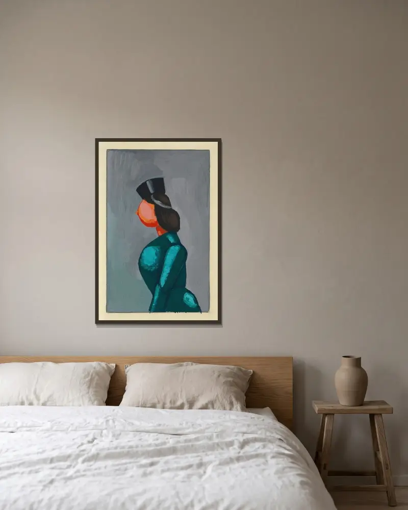 Ohne Titel (Frau in grünem Kleid mit schwarzer Kappe) av Karl Wiener inramad på en vägg