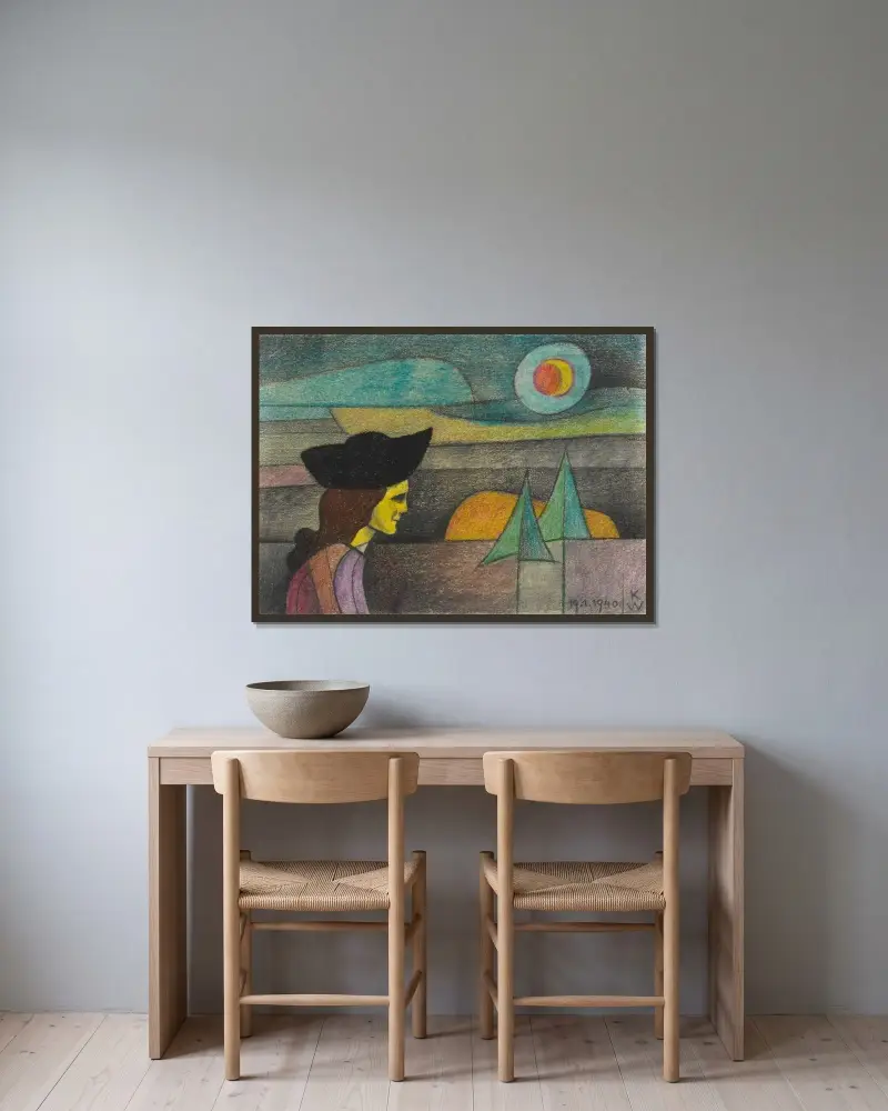 Utan titel (Kvinna med svart hatt) av Karl Wiener inramad på en vägg