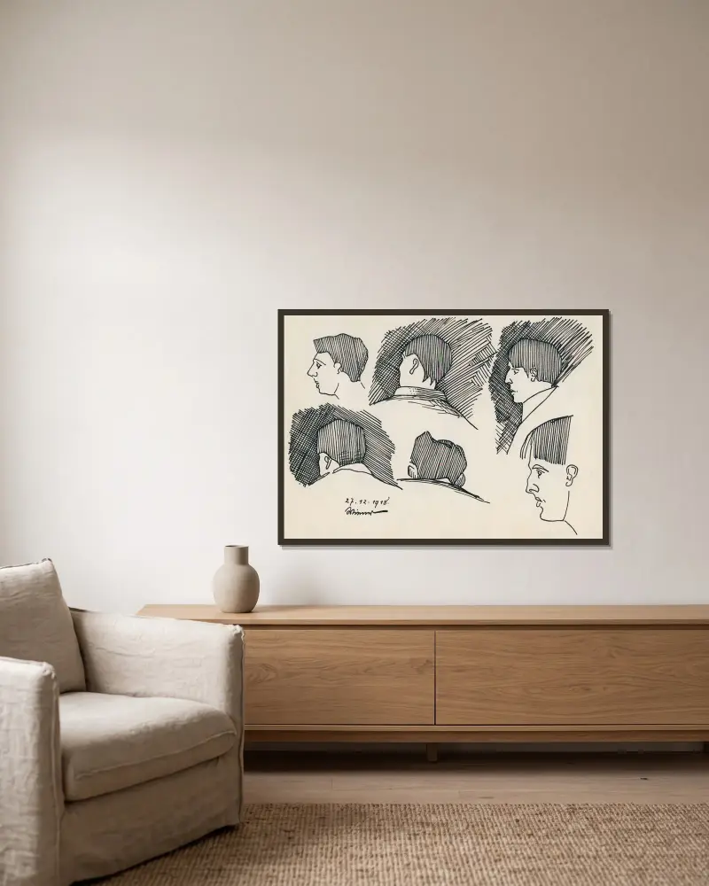 Ohne Titel (Köpfe) av Karl Wiener inramad på en vägg