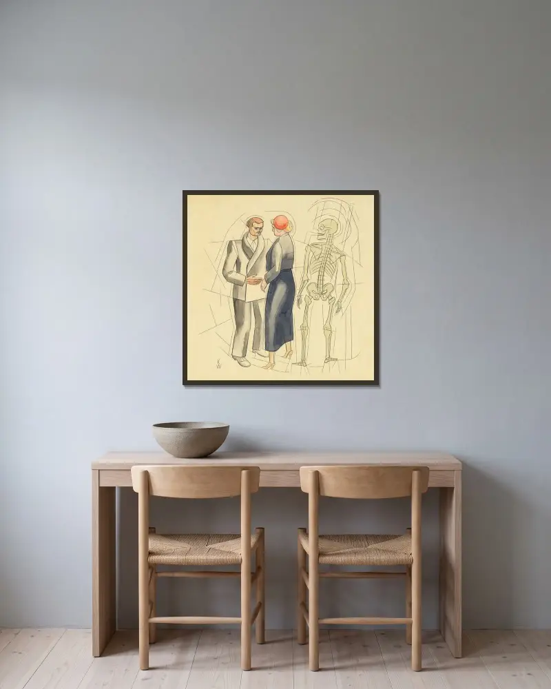 Ohne Titel (Mann, Frau und Skelett) av Karl Wiener inramad på en vägg