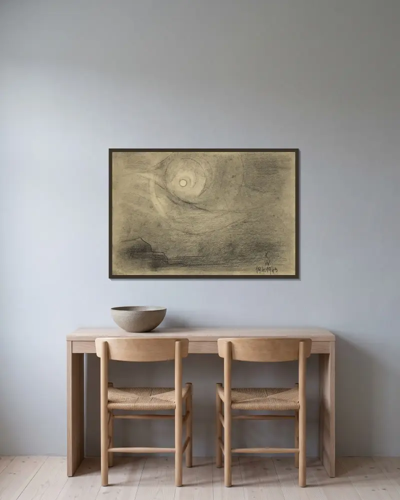 Utan titel (Måne) av Karl Wiener inramad på en vägg