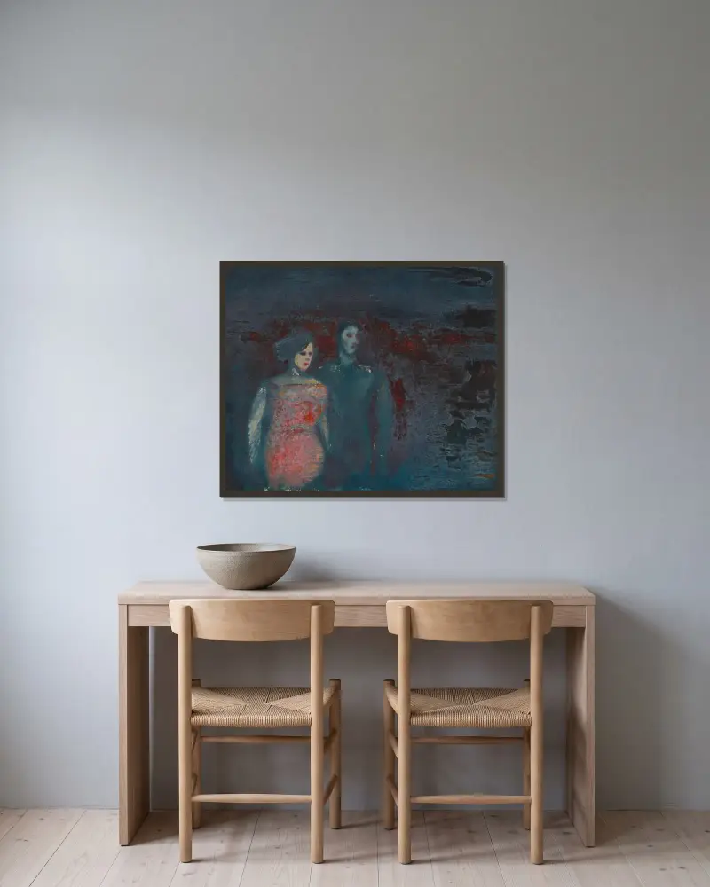 Ohne Titel (Mann in Landschaft) av Karl Wiener inramad på en vägg