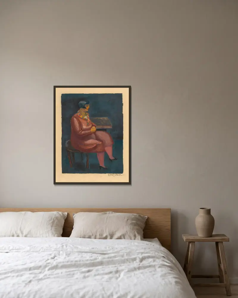 Utan titel (sittande kvinna) av Karl Wiener inramad på en vägg