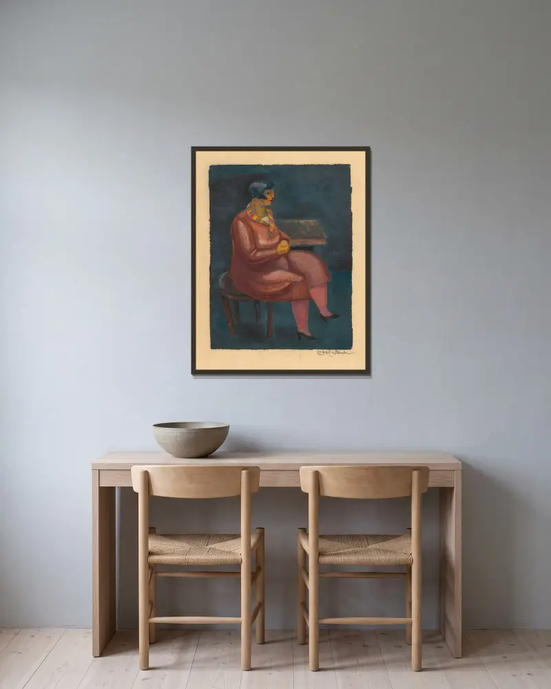 Utan titel (sittande kvinna) av Karl Wiener inramad på en vägg