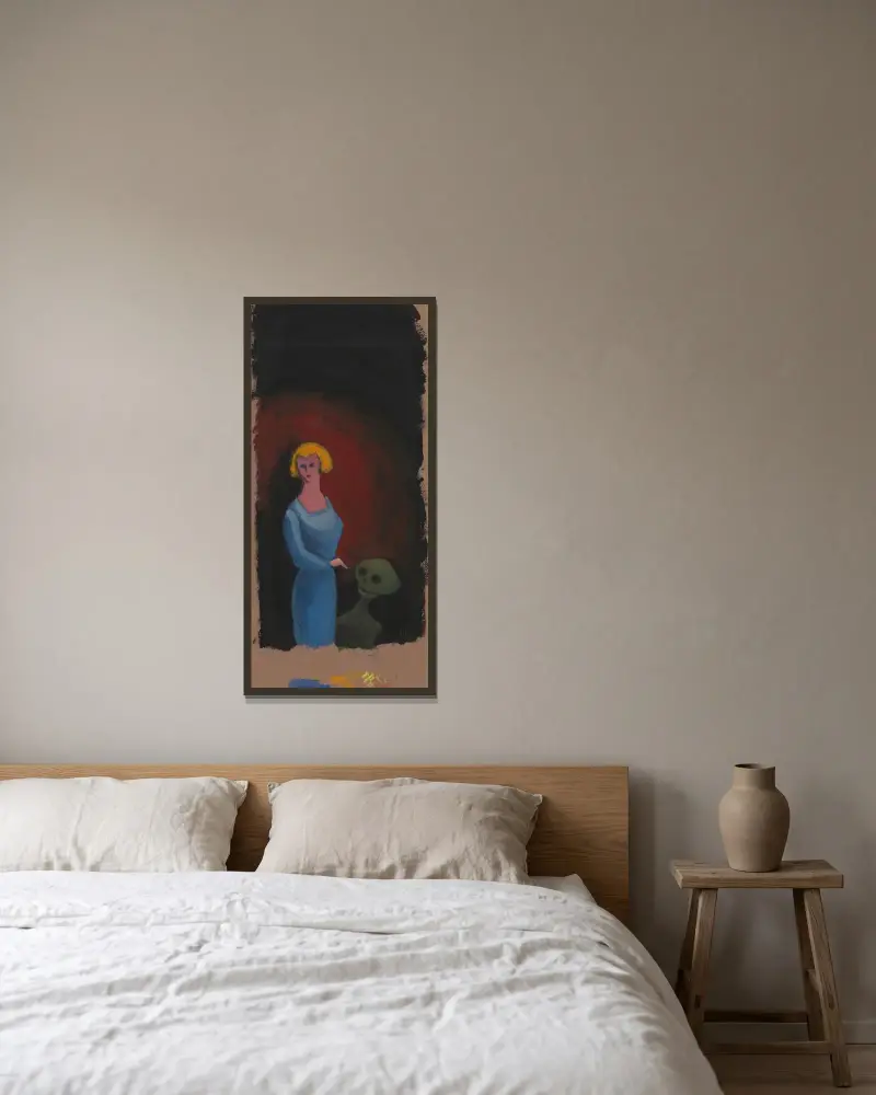 Utan titel (Kvinna med död) av Karl Wiener inramad på en vägg