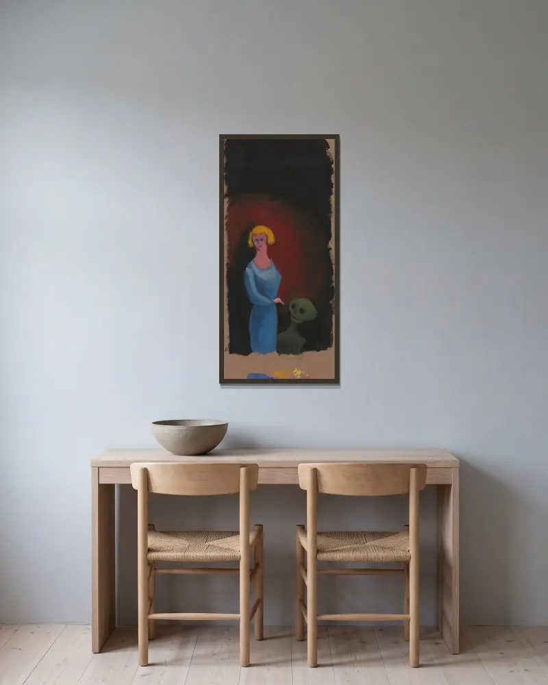 Utan titel (Kvinna med död) av Karl Wiener inramad på en vägg