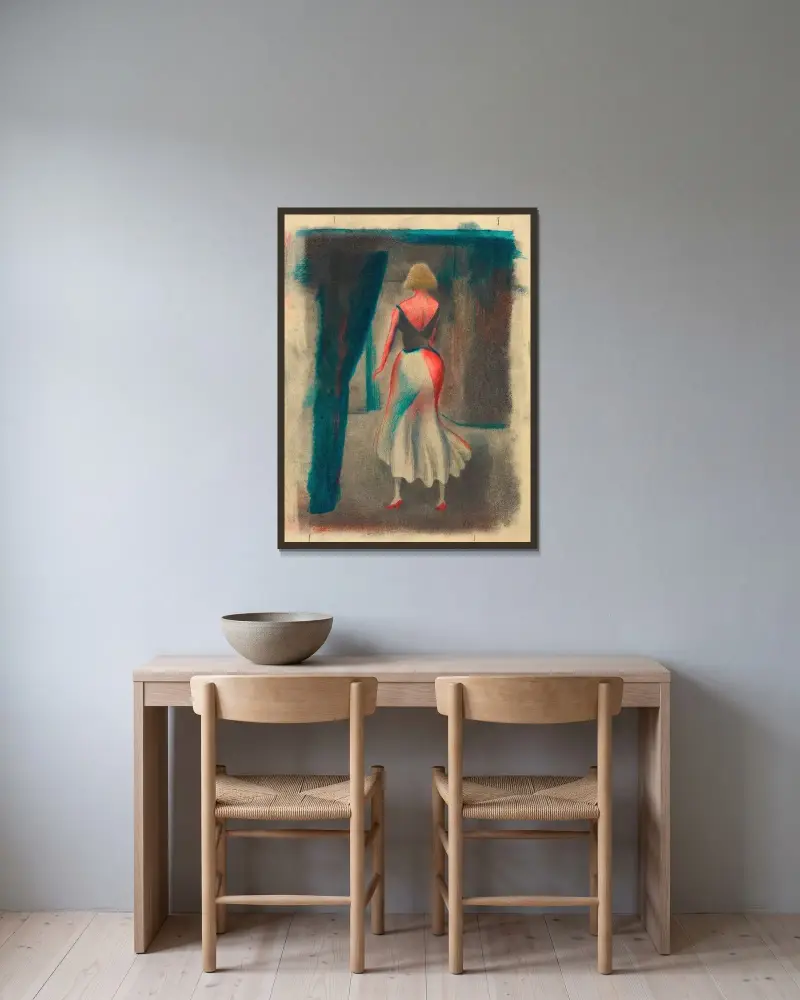 Utan titel (Kvinno figur, ryggvy) av Karl Wiener inramad på en vägg
