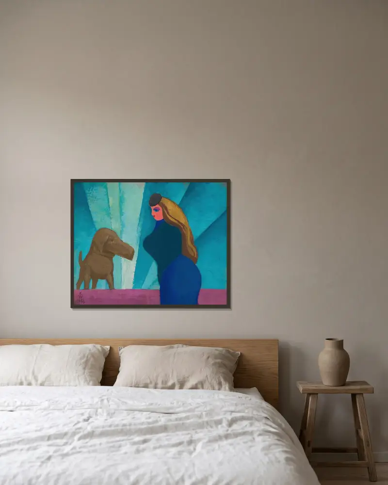 Utan titel (Kvinna och hund) av Karl Wiener inramad på en vägg