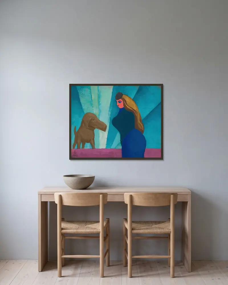 Utan titel (Kvinna och hund) av Karl Wiener inramad på en vägg