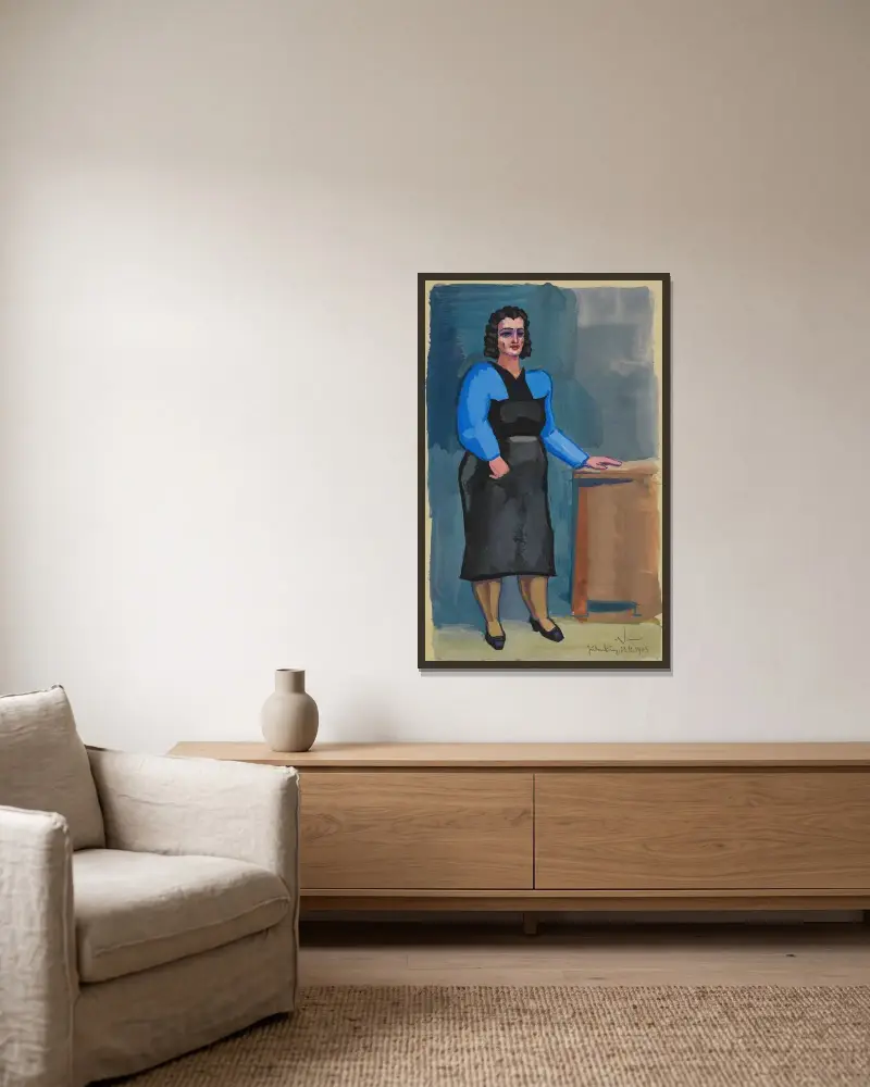 Utan titel (Kvinna i blå blus och svart klänning) av Karl Wiener inramad på en vägg