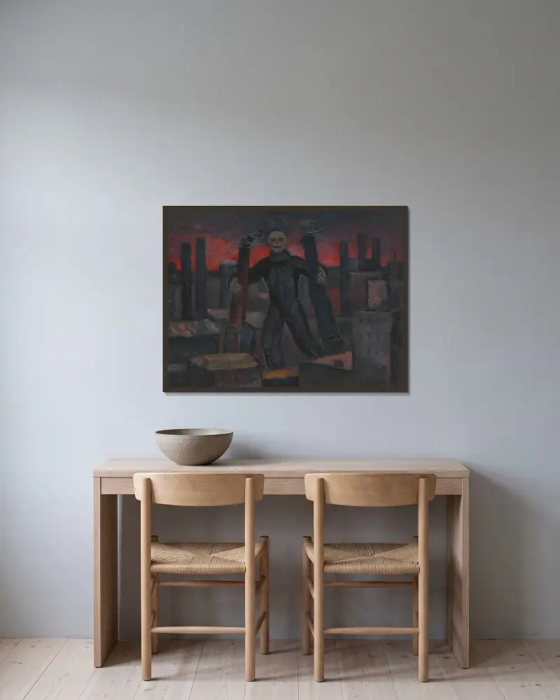 Utan titel (Död med rykande skorstenar) av Karl Wiener inramad på en vägg