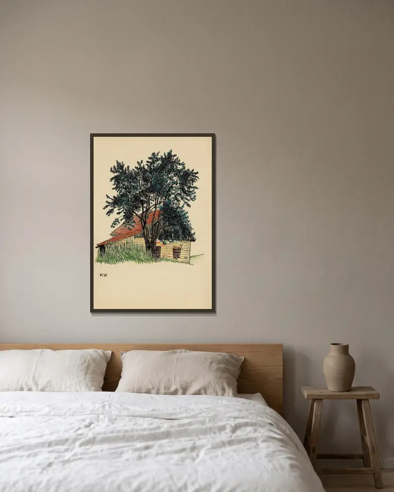 Utan titel (Bondgård) av Karl Wiener inramad på en vägg