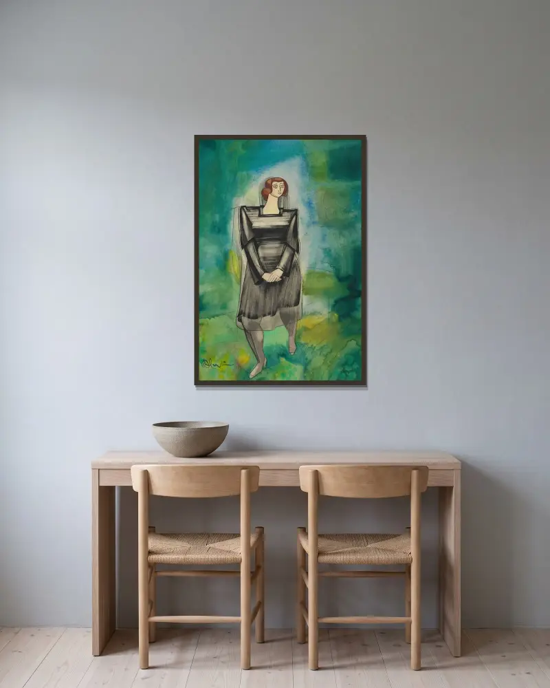 Utan titel (Kvinno figur) av Karl Wiener inramad på en vägg