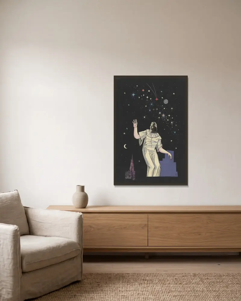 Ohne Titel (Collage, Frau, Gestirne, Stephansdom) av Karl Wiener inramad på en vägg