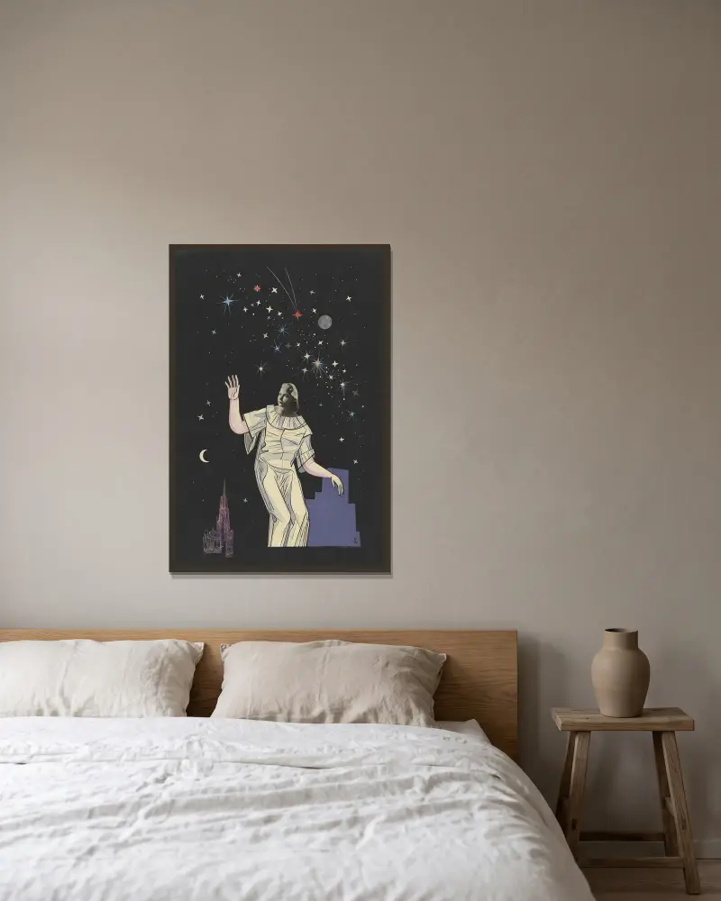 Ohne Titel (Collage, Frau, Gestirne, Stephansdom) av Karl Wiener inramad på en vägg