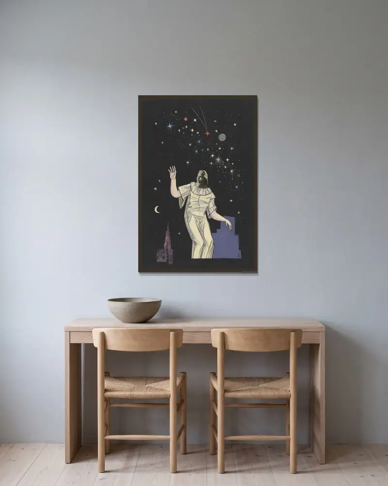 Ohne Titel (Collage, Frau, Gestirne, Stephansdom) av Karl Wiener inramad på en vägg