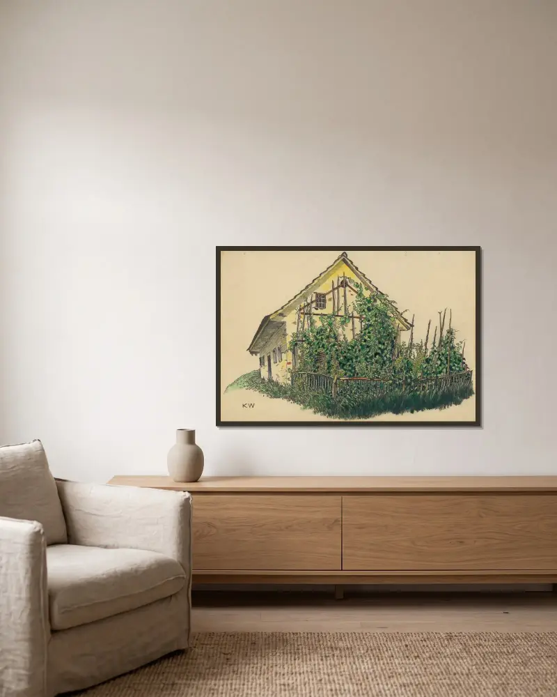 Ohne Titel (Bauernhaus mit Vorgarten) av Karl Wiener inramad på en vägg
