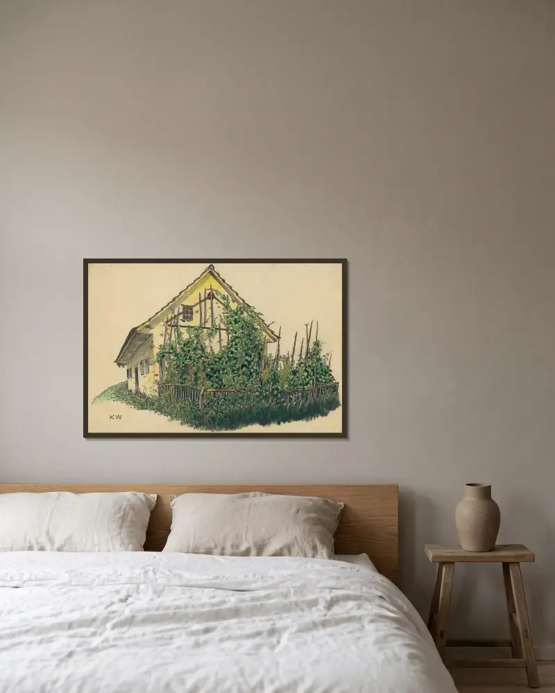 Ohne Titel (Bauernhaus mit Vorgarten) av Karl Wiener inramad på en vägg