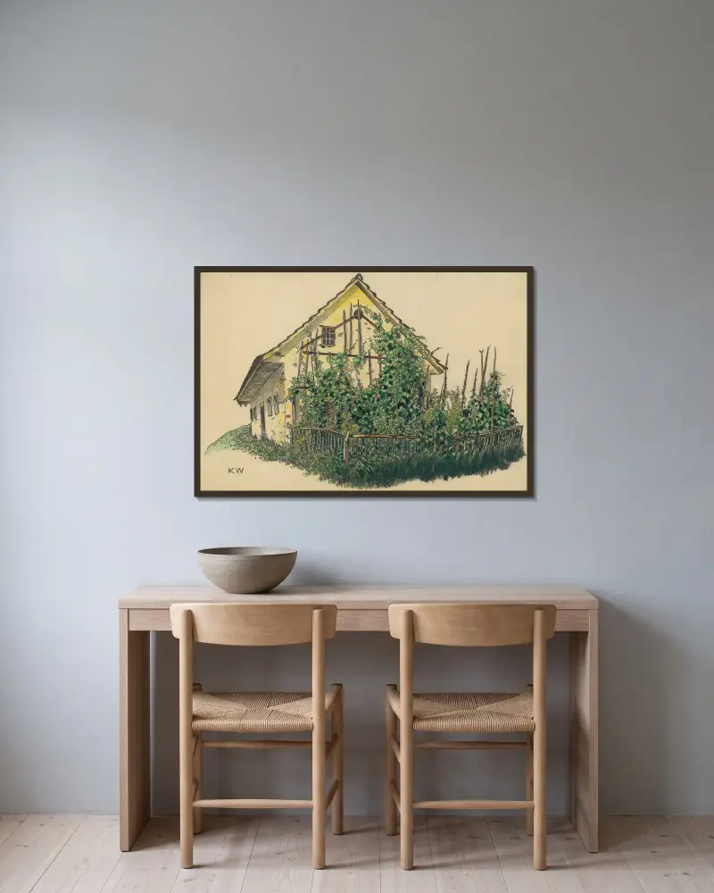 Ohne Titel (Bauernhaus mit Vorgarten) av Karl Wiener inramad på en vägg
