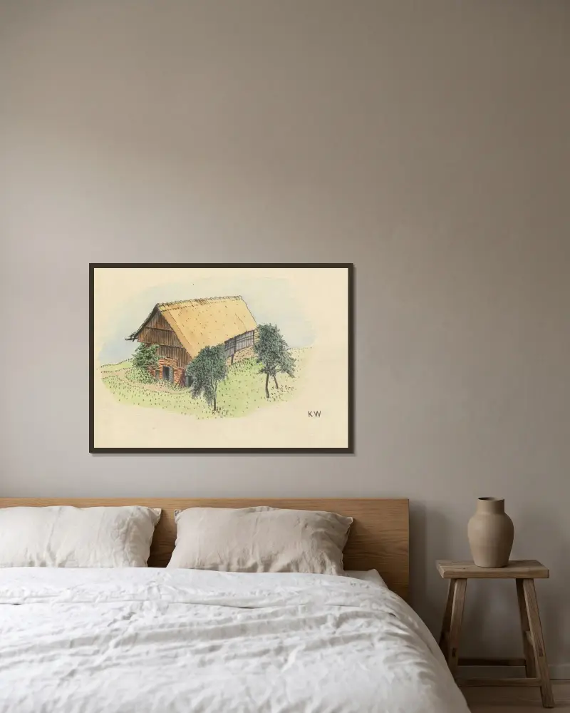 Utan titel (Bondgård) av Karl Wiener inramad på en vägg