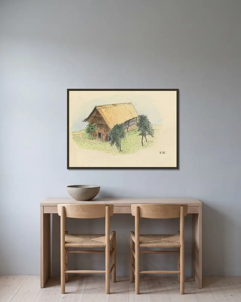 Utan titel (Bondgård) av Karl Wiener inramad på en vägg