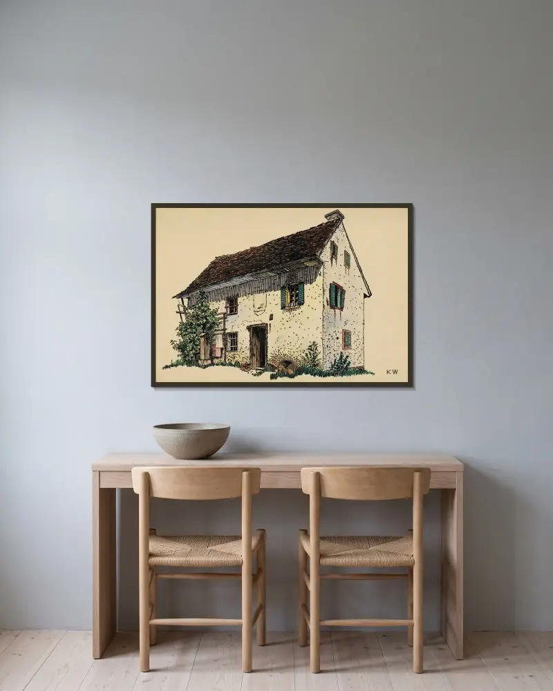Utan titel (Bondgård) av Karl Wiener inramad på en vägg