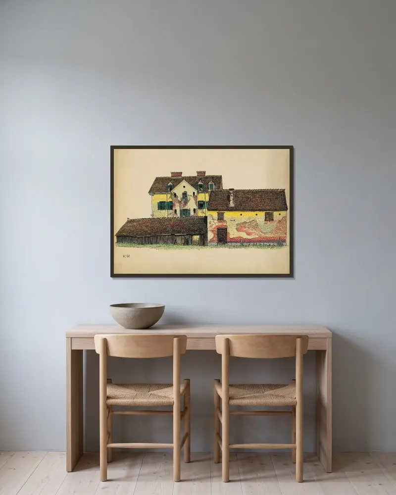 Utan titel (Hus med träskjul) av Karl Wiener inramad på en vägg