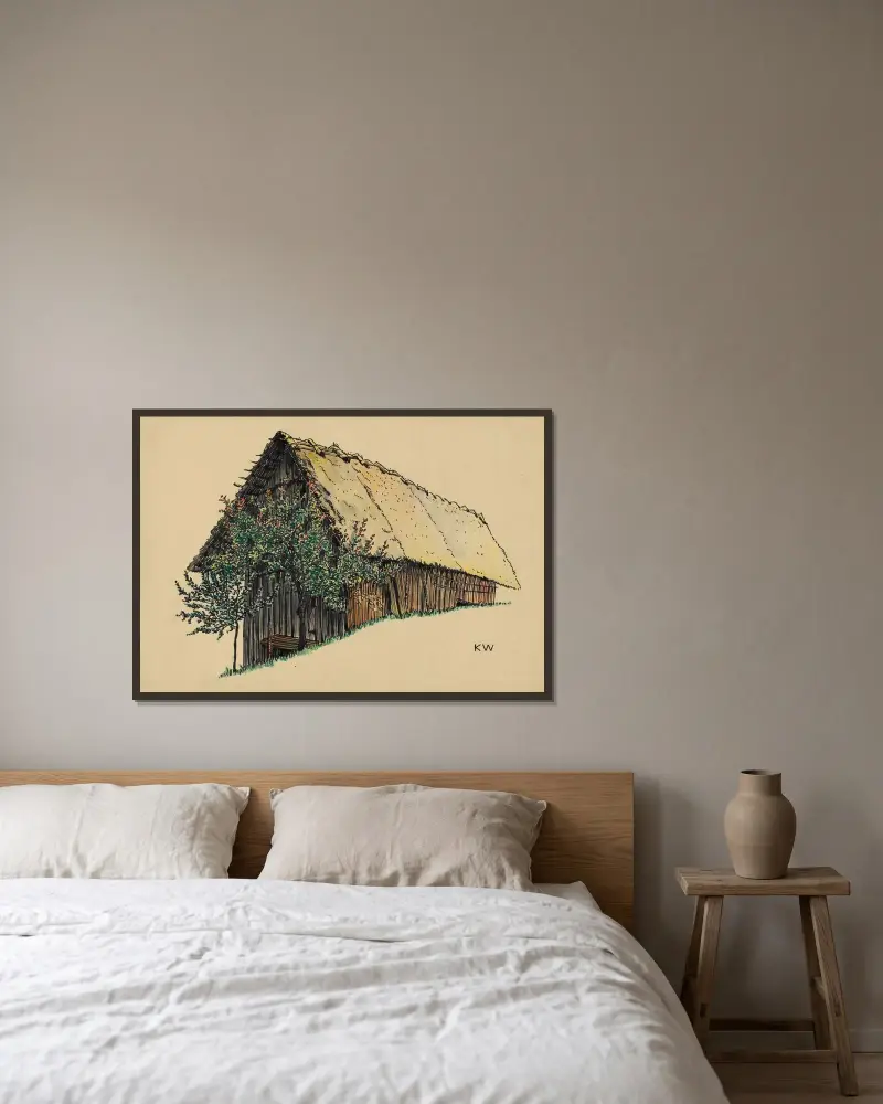 Ohne Titel (Holzscheune) av Karl Wiener inramad på en vägg