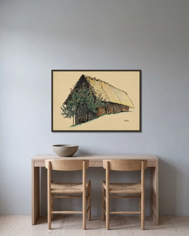Ohne Titel (Holzscheune) av Karl Wiener inramad på en vägg