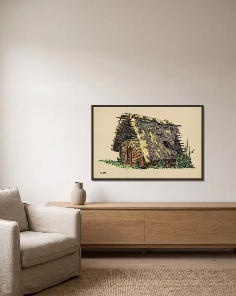 Ohne Titel (Scheune mit Stroh) von Karl Wiener gerahmt an einer Wand