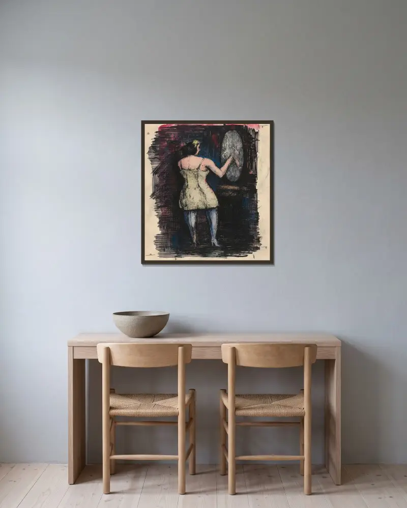 Utan titel (Kvinna framför spegel) av Karl Wiener inramad på en vägg