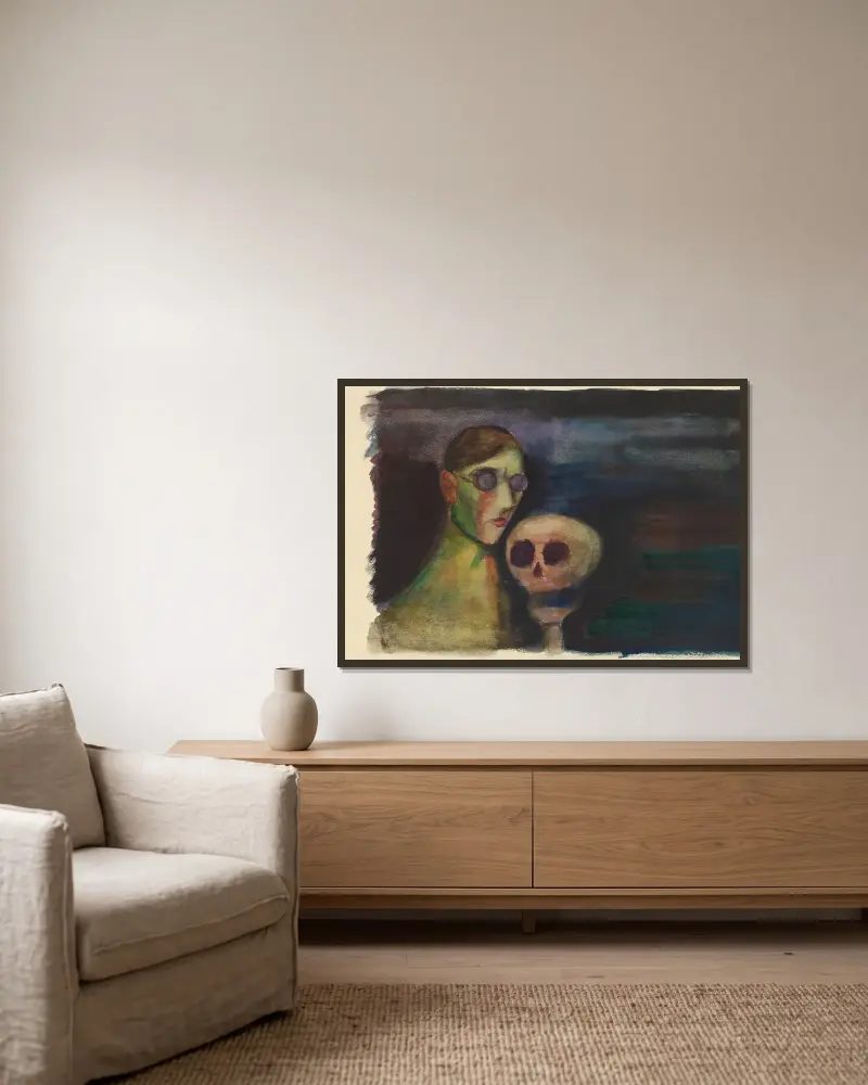 Selbstporträt mit dem Tod von Karl Wiener gerahmt an einer Wand