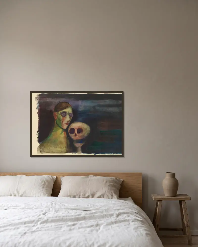 Selbstporträt mit dem Tod von Karl Wiener gerahmt an einer Wand