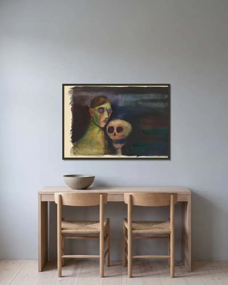 Selbstporträt mit dem Tod von Karl Wiener gerahmt an einer Wand