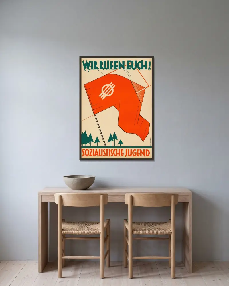 Vi kallar er! Socialistisk ungdom av Karl Wiener inramad på en vägg