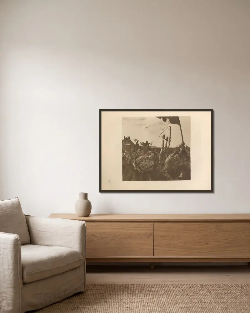 Aufruhr, 1925 von Käthe Kollwitz gerahmt an einer Wand