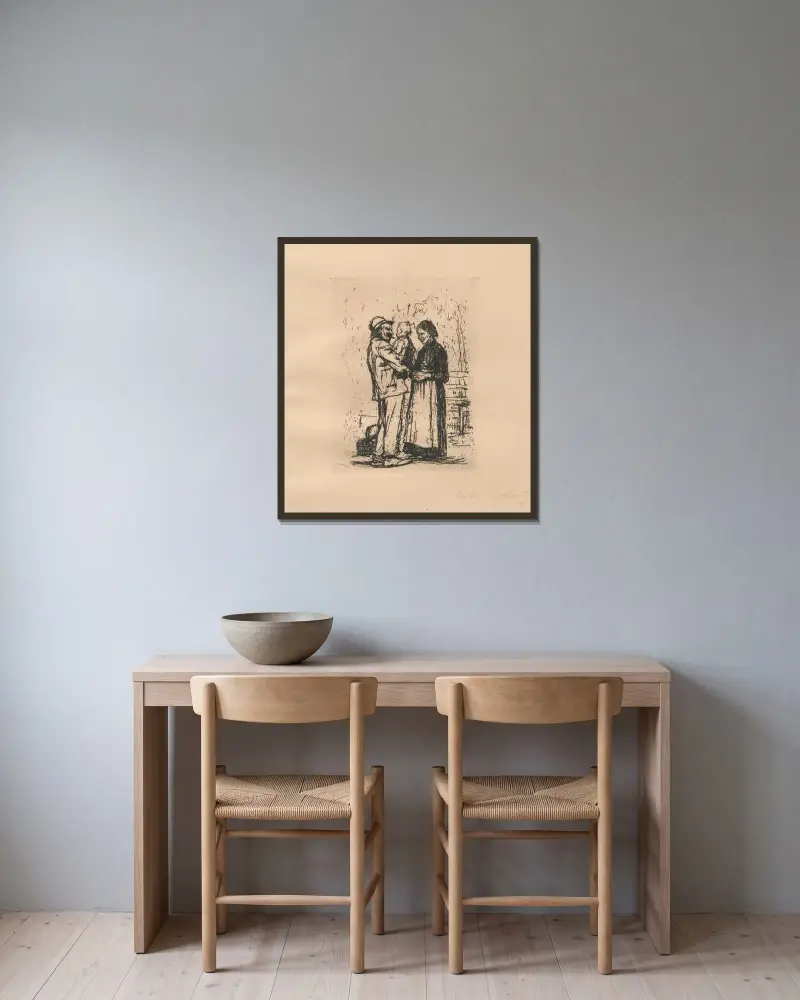 Begrüßung, 1892 von Käthe Kollwitz gerahmt an einer Wand