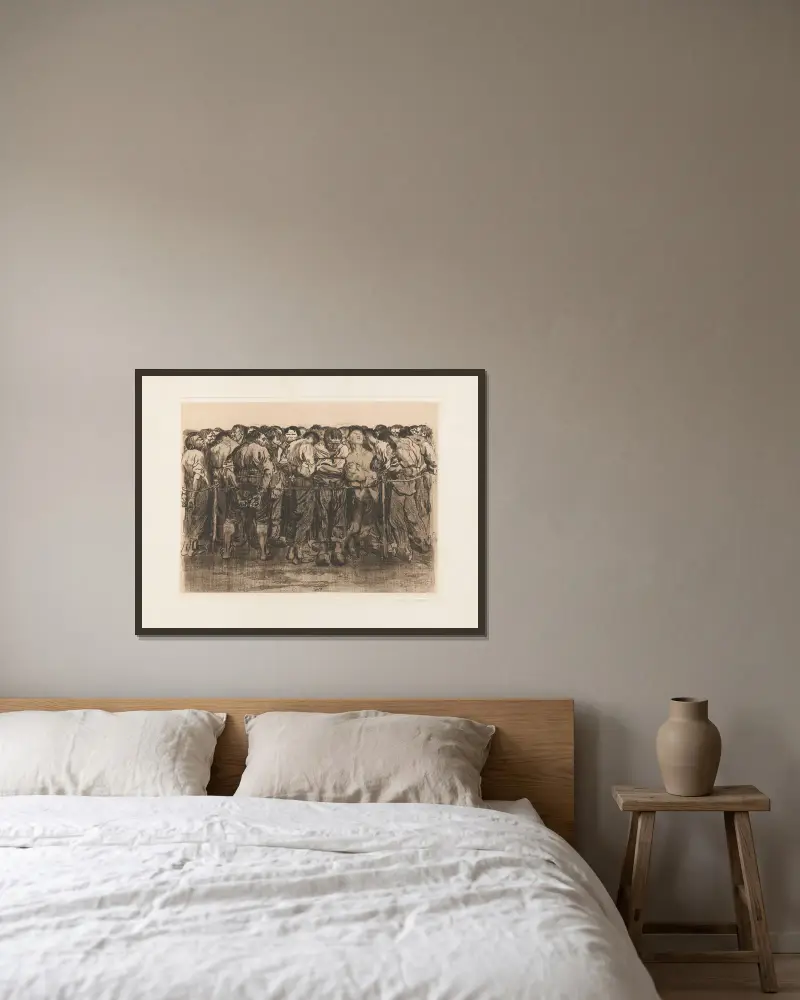 Die Gefangenen av Käthe Kollwitz inramad på en vägg