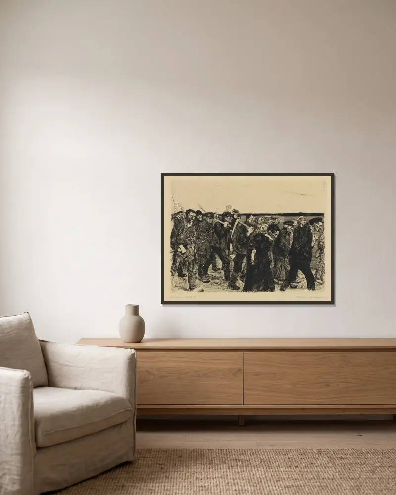 Ein Weberaufstand – Weberzug von Käthe Kollwitz gerahmt an einer Wand
