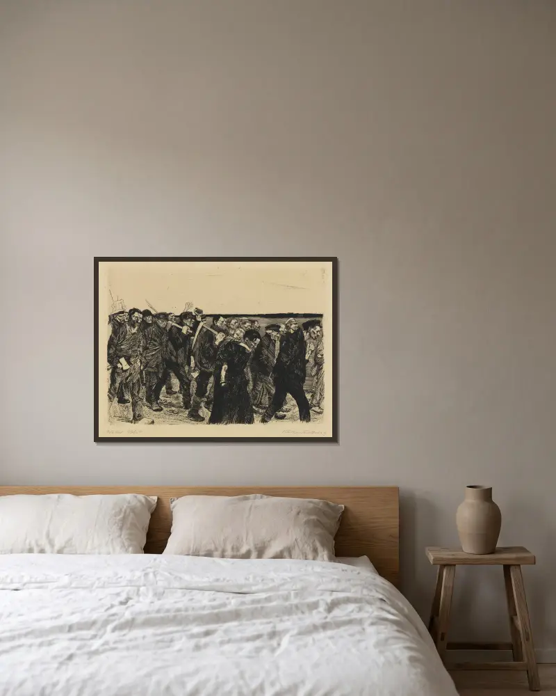 Ein Weberaufstand – Weberzug von Käthe Kollwitz gerahmt an einer Wand