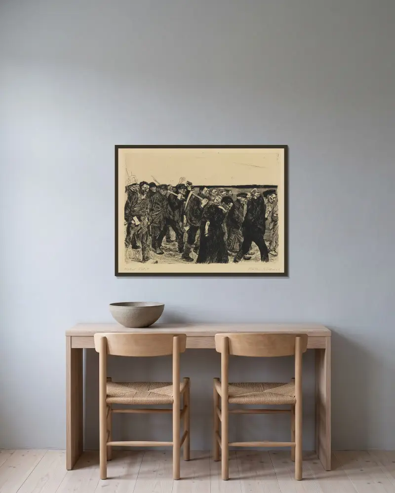 Ein Weberaufstand – Weberzug von Käthe Kollwitz gerahmt an einer Wand