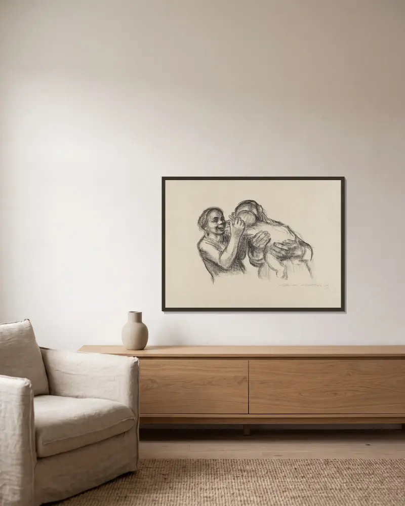 Eltern mit Kind von Käthe Kollwitz gerahmt an einer Wand