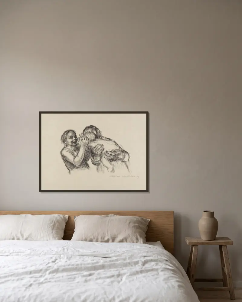 Eltern mit Kind von Käthe Kollwitz gerahmt an einer Wand