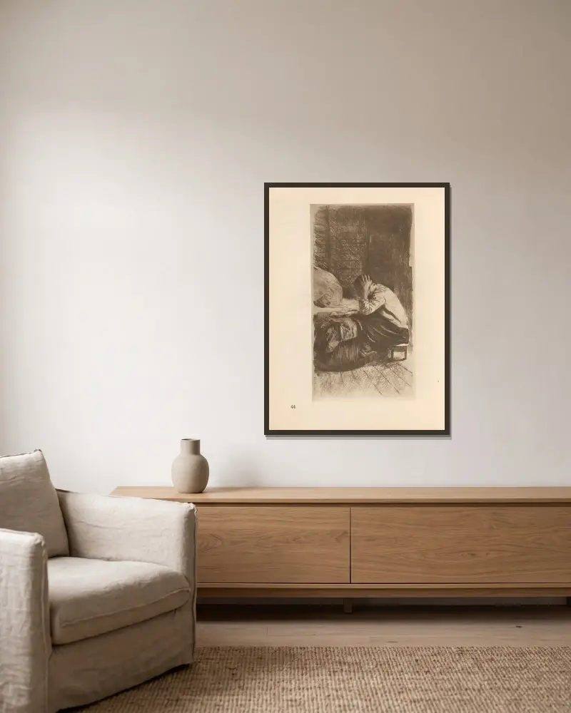 Frau an Wiege, 1925 – nr 1 av Käthe Kollwitz inramad på en vägg