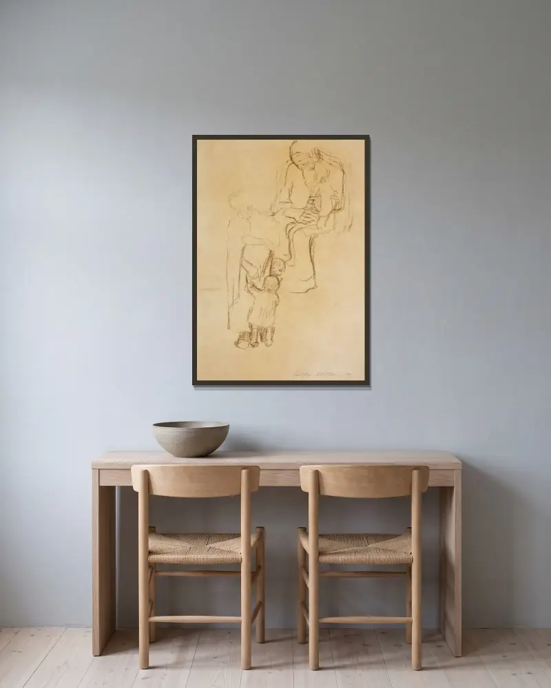 Frauen mit Kindern (Women with Children) av Käthe Kollwitz inramad på en vägg