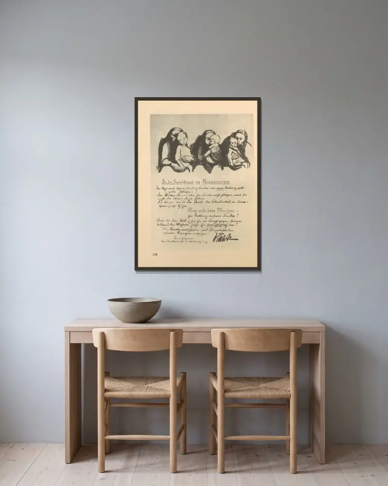 Frauen und Kinder, 1925 – nr 15 av Käthe Kollwitz inramad på en vägg