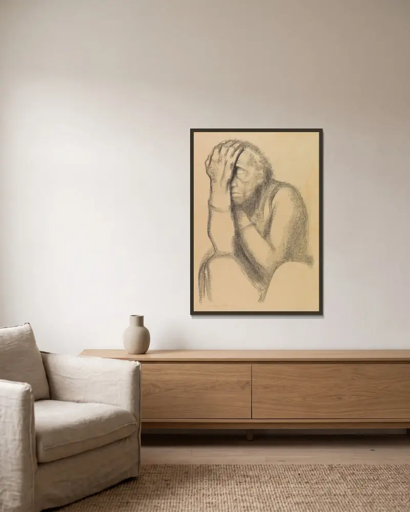 Nachdenkende Frau av Käthe Kollwitz inramad på en vägg