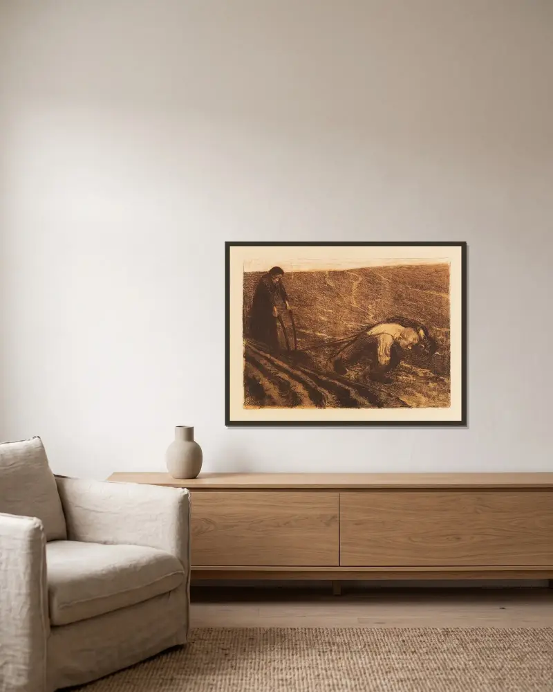 Pflugzieher und Weib av Käthe Kollwitz inramad på en vägg